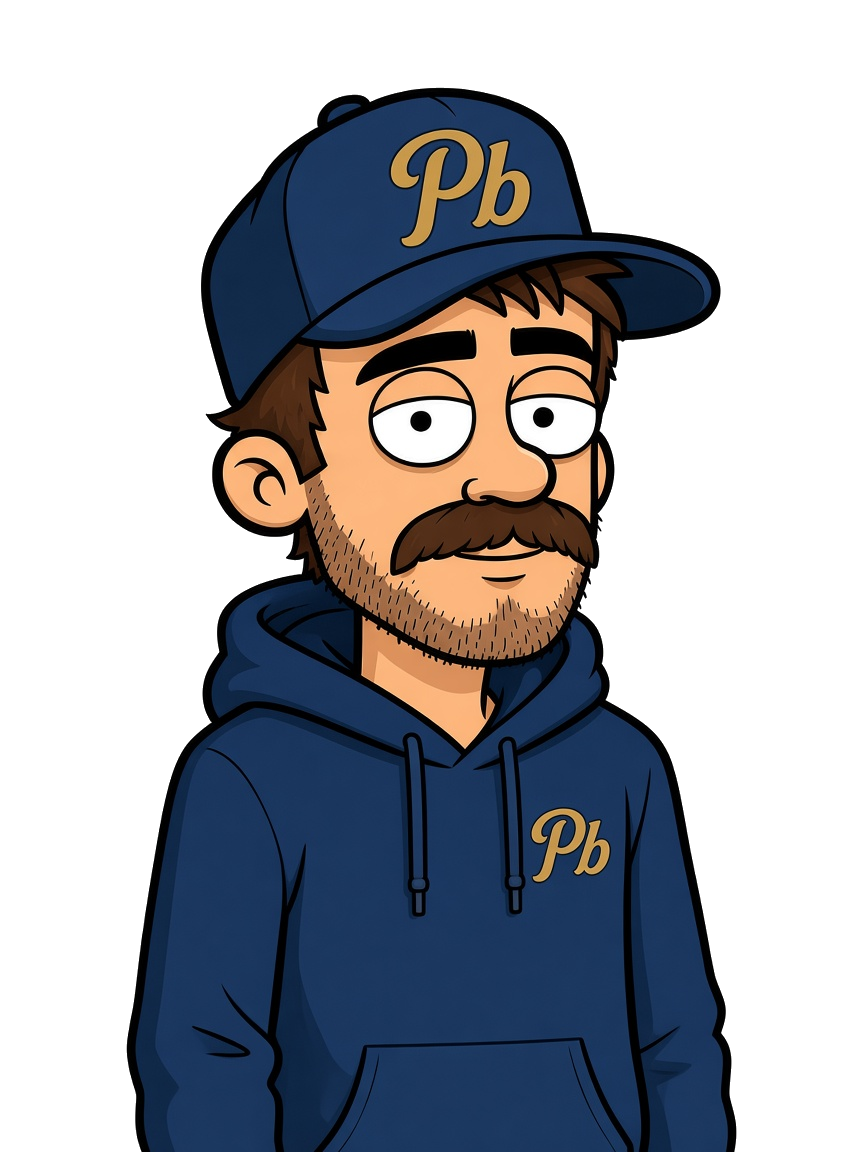 Illustration of The Plumb Bumb, a mustached plumber in a blue Pb cap and work shirt